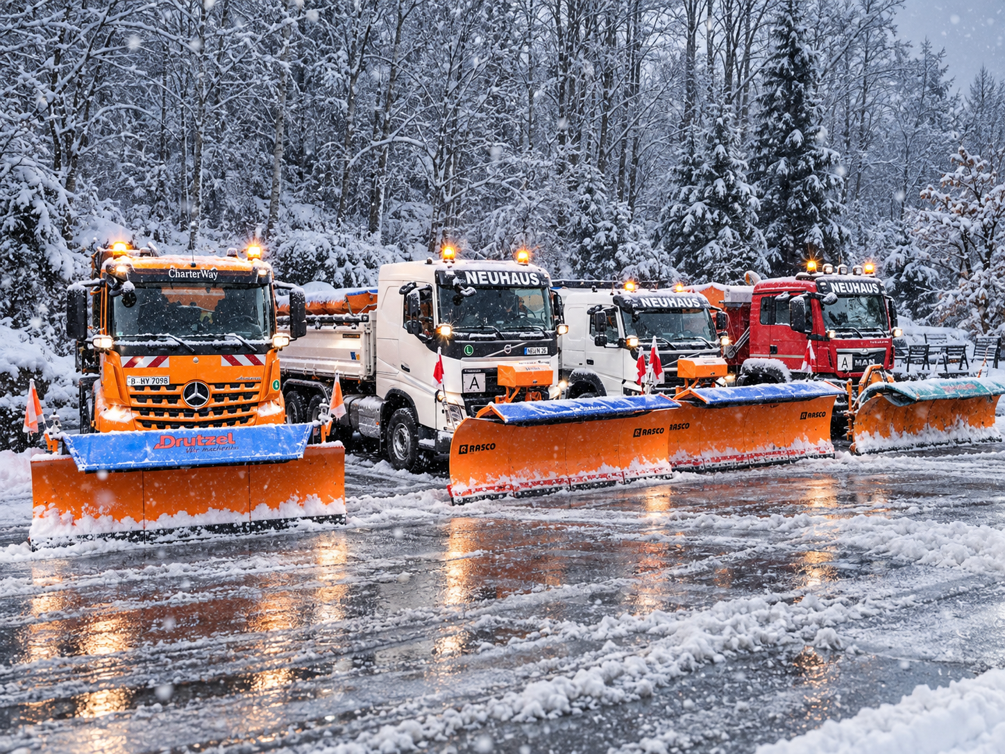 Winterdienstfahrzeuge mit Räumschildern vor verschneiten Bäumen