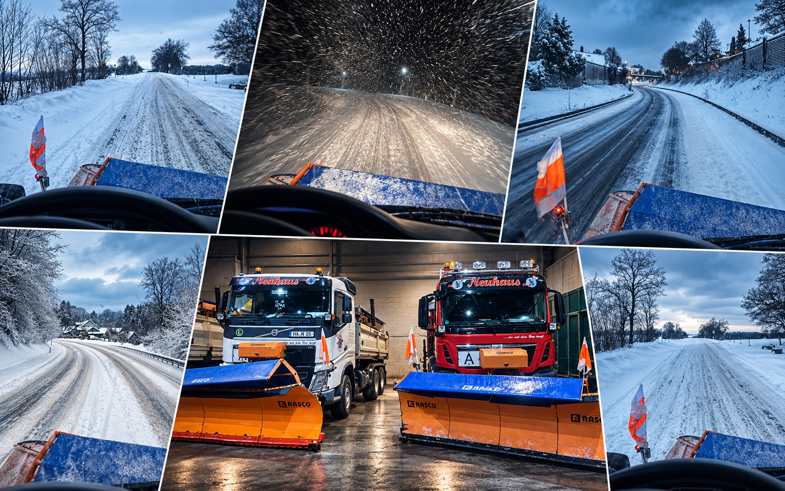 Collage aus Wintereinsätzen: verschneite Straßen aus dem Fahrerhaus und Räumfahrzeuge in der Halle