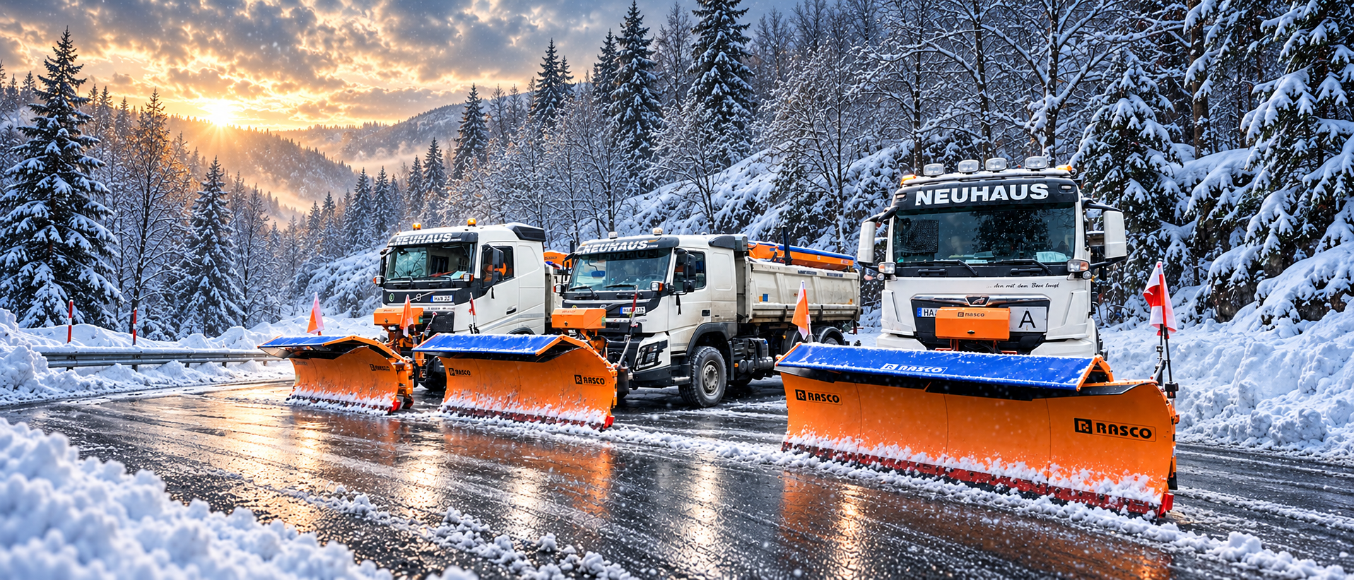 Drei Neuhaus-Winterdienstfahrzeuge mit Räumschildern auf verschneiter Straße